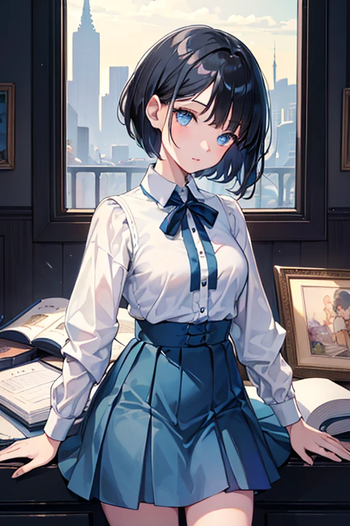 ((Highest quality)), ((masterpiece)), (Familiar), Illustration Style,Perfect Face,1 Girl,Black Hair,Short Hair,Glowing Skin,big, Bright Blue Eyes,Beautiful Bangs,Small breasts,Super Beauty,woman,,mini skirt,Beautiful clothes,evening