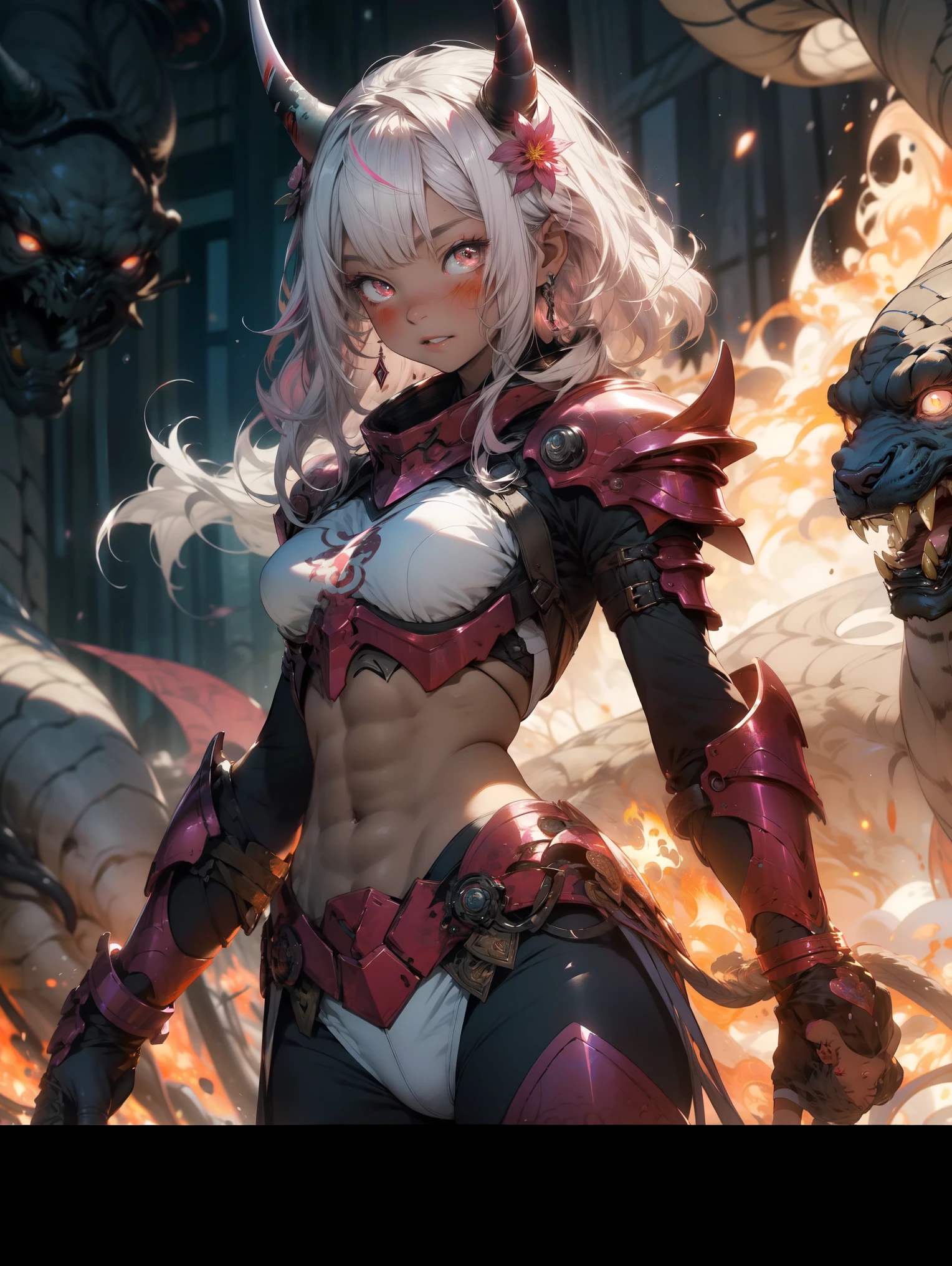 Be realistic,(masterpiece,highest quality,highest quality,very detailed,Fractal Art,Most detailed,(flower field background:1.5)(1 girl),Kamimei,(pink hair two tails),(Red eyes glow、big 、Toned abs,Stunned),Abyssal stock、Crystallization,比基尼、sexly、Pink Machine Armor、sunburned skin、Demon Horn、Berserk , (Burning white flame:1.4)