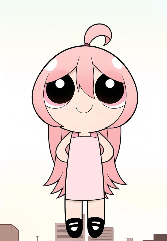 ((cute smile)), full body, 1girl , chibi, hair ornament, pink hair, brown eyes, cute Dress, city background,