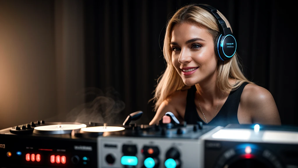 Slavic slim blonde DJ smiling and dancing, long hair with dj headphones, playing DJ CDJ mixer, sci fi cyberpunk clothing, jewelry, fashion couture white onyx, fog smoke disco futuristic, music DJ screens speakers, 8K HD raw, incredibly detailed, ultra realistic, chiaroscuro bokeh