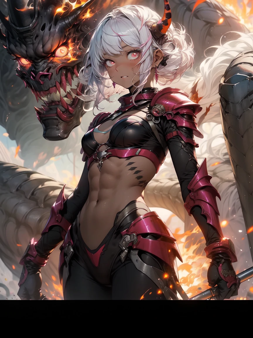 Be realistic,(masterpiece,highest quality,highest quality,very detailed,Fractal Art,Most detailed,(flower field background:1.5)(1 girl),Kamimei,(pink hair two tails),(Red eyes glow、big 、Toned abs,Stunned),Abyssal stock、Crystallization,Bikini、sexly、Pink Machine Armor、sunburned skin、Demon Horn、Berserk , (Burning white flame:1.4)