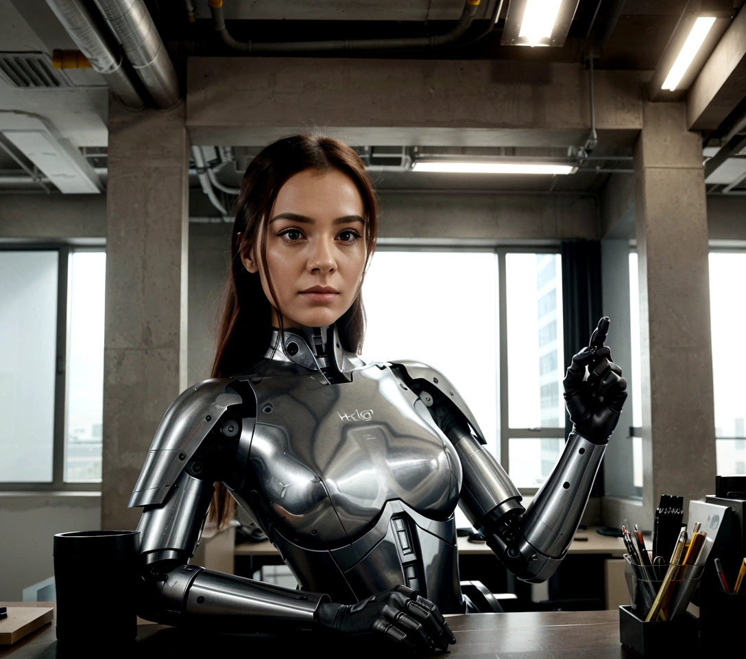 create the image of a cyborg architect in the office preparing an architectural project