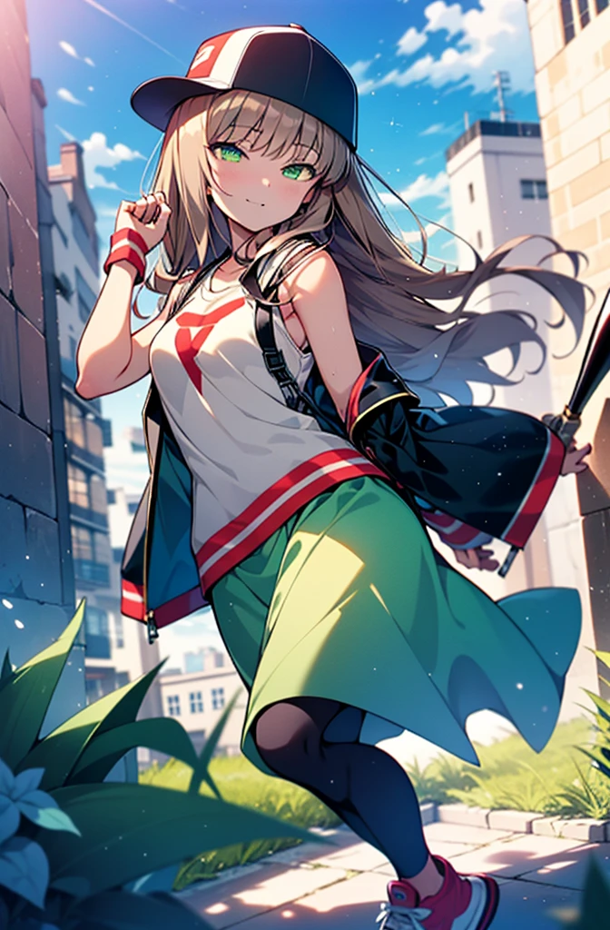 minami yume ,sss Dynazenon ,Long Hair, Brown Hair, (Green Eyes:1.5) ,blush,smile,hair band,Sleeveless shirt,Baseball cap,Long skirt,sneakers,Daytime,Clear skies,Walking,whole bodyがイラストに入るように,　　　　　　break　looking at viewer, whole body, 　　　　　　　break outdoors ,Building district,　　　　　　　　　　　　break (masterpiece:1.2), Highest quality, High resolution, unity 8k wallpaper, (shape:0.8), (Beautiful and beautiful eyes:1.6), Highly detailed face, Perfect lighting, Extremely detailed CG, (Perfect hands, Perfect Anatomy),