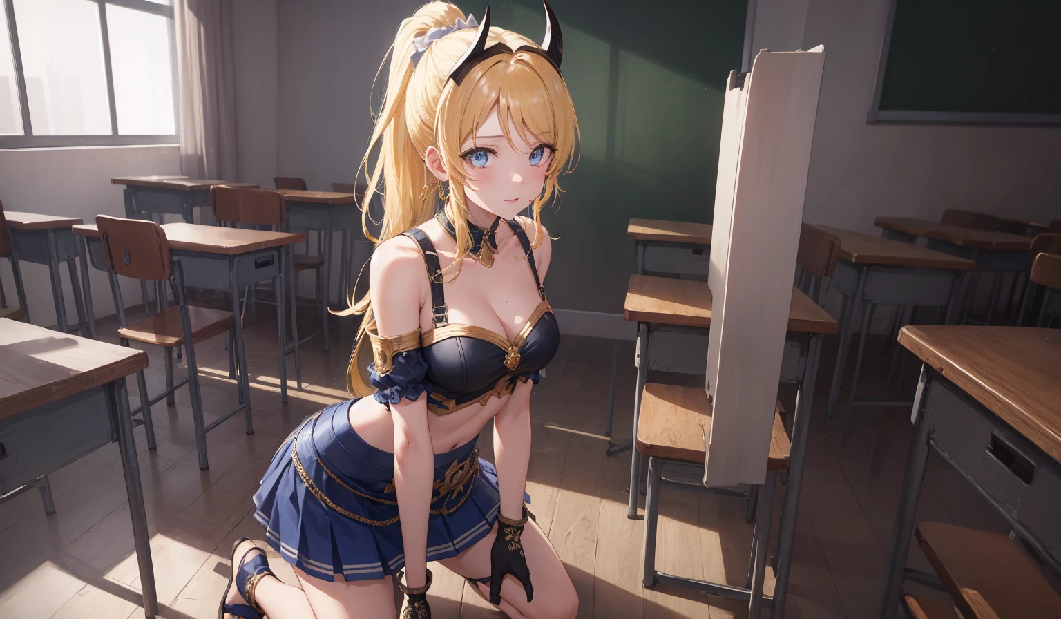 eliayase, eli ayase, yellow hair, blue eyes, ponytail, hair ribbon, medium breast,
BREAK blue skirt, bracer, circlet, crop top, dancer, detached sleeves, fake horns, gladiator sandals, gold footwear, gold trim, horns,
BREAK looking at viewer,standing, leaning forward, (arms behind back:1.2),
BREAK indoors, classroom,
BREAK (masterpiece:1.2), best quality, high resolution, unity 8k wallpaper, (illustration:0.8), (beautiful detailed eyes:1.6), extremely detailed face, perfect lighting, extremely detailed CG, (perfect hands, perfect anatomy),a woman in a kneeling on the floor, beautiful detailed body and face, barechest, riding, app, clothes fully on, 8 x, x, teasing, hololive, ::