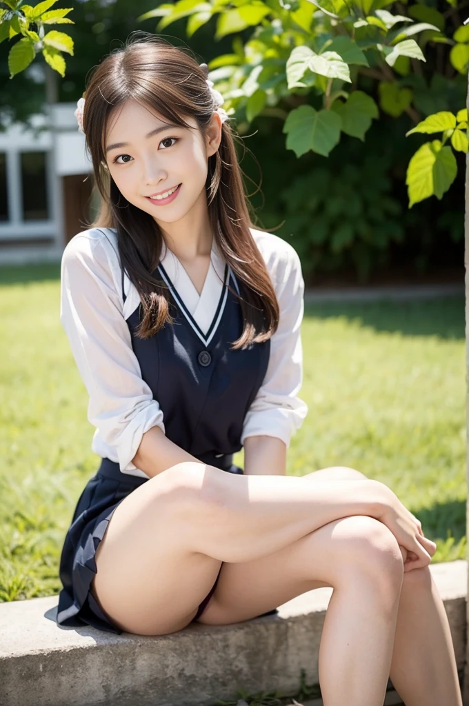 Pure Japanese  girl, sweet temptation, outstanding body, beautiful legs, wearing uniform, panty, natural hairstyles, sweet smile, sitting, refreshing in early summer, composition from the front, 