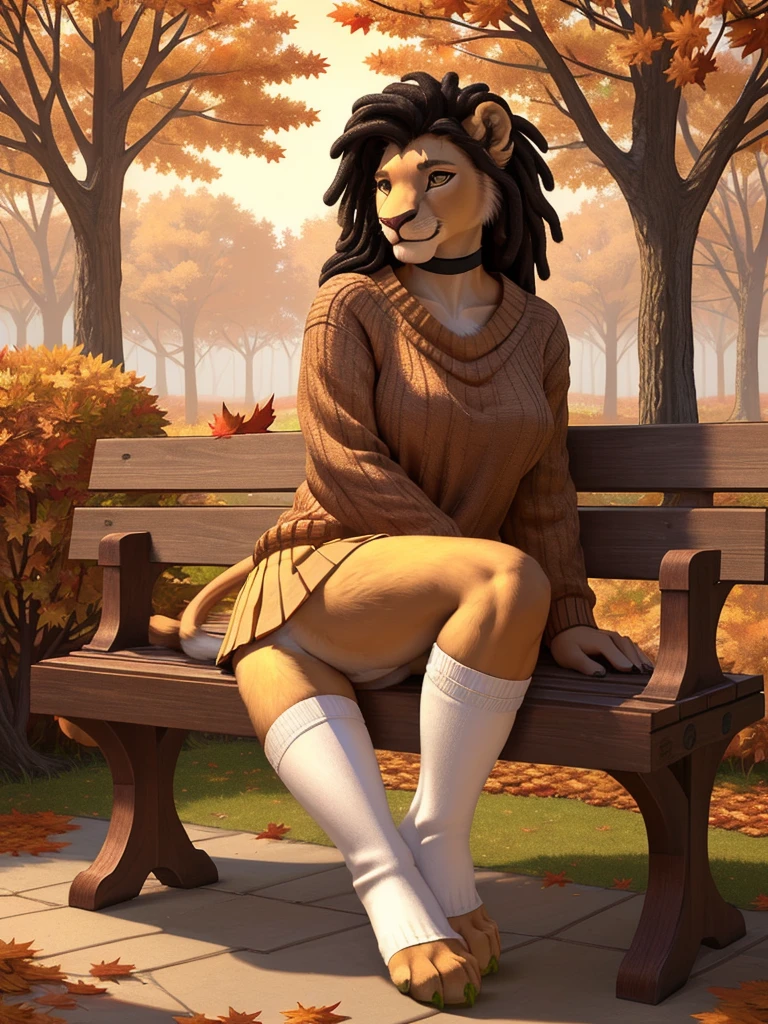 highly detailed hands, (four toes), full body, photo, (hyper realistic, 8k, top quality:1.2), (high details, extremely detailed, absurdres), masterpiece, beautiful and aesthetic, (white furry anthro lion female:1.3), curvy, (bushy_tail:1.3), ((brown sweater, [yellow skirt], (toeless)_(kneehigh)_white_socks:1.4)), (black hair:1.2), dreadlock hair, (sidecut) shag haircut, (realistic fur:1.5), brown arms, brown belly, (white detailed face:1.1), brown head, brown ears, brown legs, (big bright green eyes, intricate eye detail), eyeliners, (green claws), average size breasts, black_choker_with_(emerald_pendant), (earrings:0.9), bracelets, sitting on wooden [park_bench::29], smiling, (autumn leaves flying in air, wind:1.2), day, (highly detailed autumn garden:1.1), plants, (trees), autumn flowers, leaves, realistic shading, warm lighting, ultra detailed facial features, intricate details