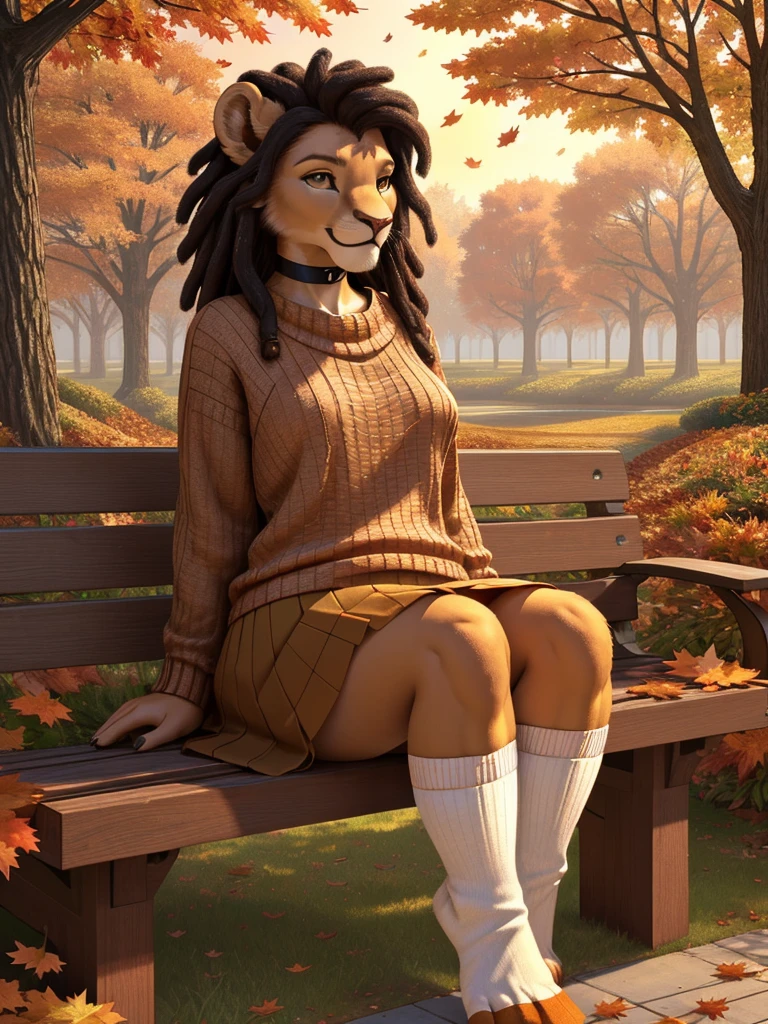 highly detailed hands, (four toes), full body, photo, (hyper realistic, 8k, top quality:1.2), (high details, extremely detailed, absurdres), masterpiece, beautiful and aesthetic, (white furry anthro lion female:1.3), curvy, (bushy_tail:1.3), ((brown sweater, [yellow skirt], (toeless)_(kneehigh)_white_socks:1.4)), (black hair:1.2), dreadlock hair, (sidecut) shag haircut, (realistic fur:1.5), brown arms, brown belly, (white detailed face:1.1), brown head, brown ears, brown legs, (big bright green eyes, intricate eye detail), eyeliners, (green claws), average size breasts, black_choker_with_(emerald_pendant), (earrings:0.9), bracelets, sitting on wooden [park_bench::29], smiling, (autumn leaves flying in air, wind:1.2), day, (highly detailed autumn garden:1.1), plants, (trees), autumn flowers, leaves, realistic shading, warm lighting, ultra detailed facial features, intricate details