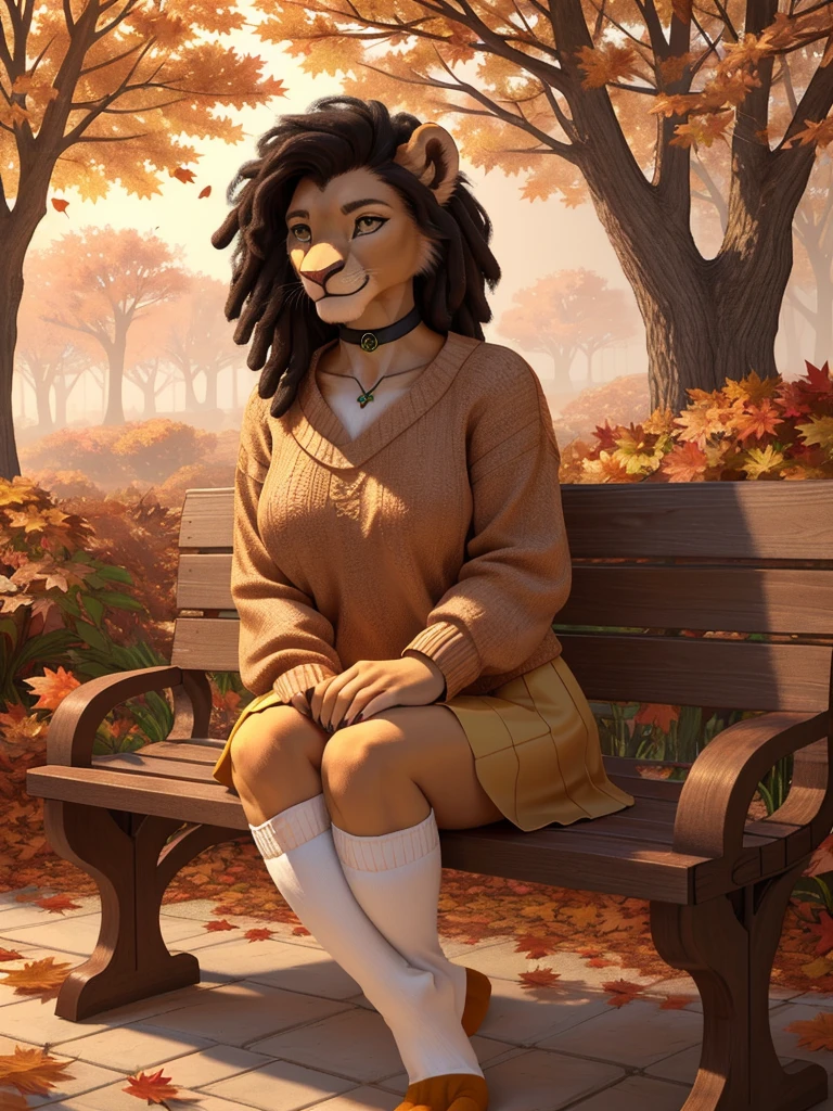 highly detailed hands, (four toes), full body, photo, (hyper realistic, 8k, top quality:1.2), (high details, extremely detailed, absurdres), masterpiece, beautiful and aesthetic, (white furry anthro lion female:1.3), curvy, (bushy_tail:1.3), ((brown sweater, [yellow skirt], (toeless)_(kneehigh)_white_socks:1.4)), (black hair:1.2), dreadlock hair, (sidecut) shag haircut, (realistic fur:1.5), brown arms, brown belly, (white detailed face:1.1), brown head, brown ears, brown legs, (big bright green eyes, intricate eye detail), eyeliners, (green claws), average size breasts, black_choker_with_(emerald_pendant), (earrings:0.9), bracelets, sitting on wooden [park_bench::29], smiling, (autumn leaves flying in air, wind:1.2), day, (highly detailed autumn garden:1.1), plants, (trees), autumn flowers, leaves, realistic shading, warm lighting, ultra detailed facial features, intricate details