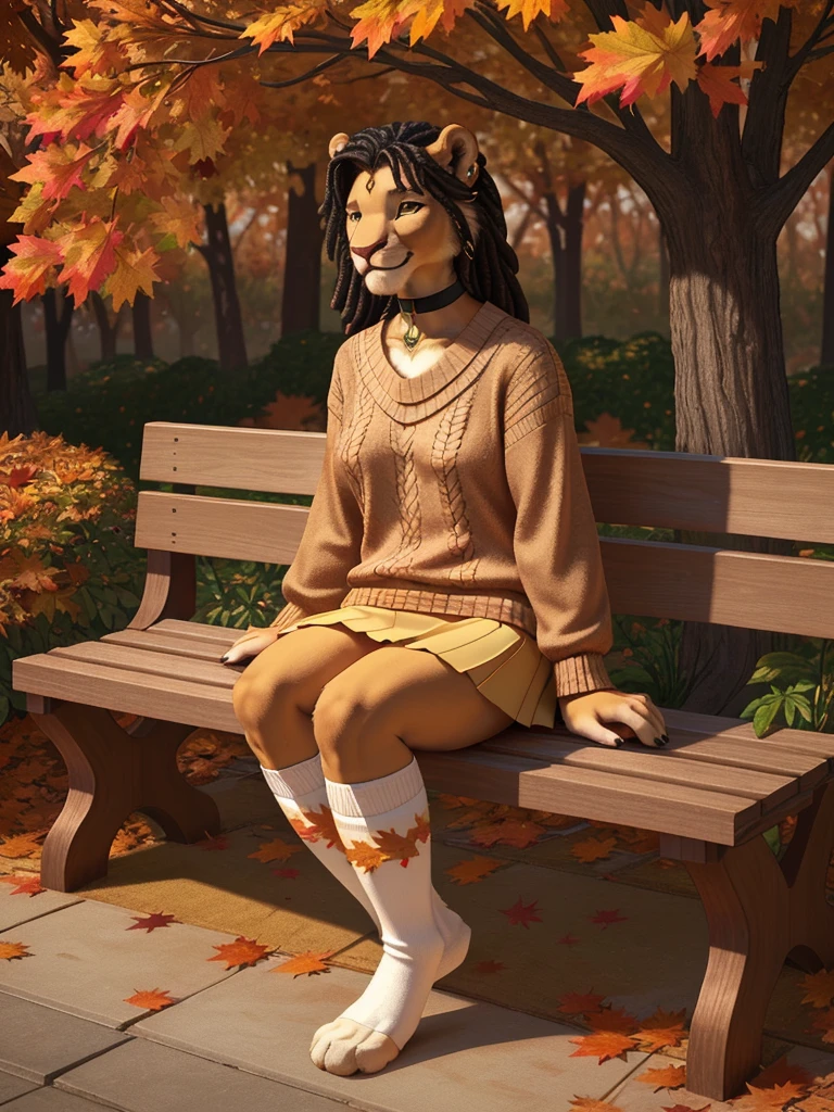 highly detailed hands, (four toes), full body, photo, (hyper realistic, 8k, top quality:1.2), (high details, extremely detailed, absurdres), masterpiece, beautiful and aesthetic, (white furry anthro lion female:1.3), curvy, (bushy_tail:1.3), ((brown sweater, [yellow skirt], (toeless)_(kneehigh)_white_socks:1.4)), (black hair:1.2), dreadlock hair, (sidecut) shag haircut, (realistic fur:1.5), brown arms, brown belly, (white detailed face:1.1), brown head, brown ears, brown legs, (big bright green eyes, intricate eye detail), eyeliners, (green claws), average size breasts, black_choker_with_(emerald_pendant), (earrings:0.9), bracelets, sitting on wooden [park_bench::29], smiling, (autumn leaves flying in air, wind:1.2), day, (highly detailed autumn garden:1.1), plants, (trees), autumn flowers, leaves, realistic shading, warm lighting, ultra detailed facial features, intricate details