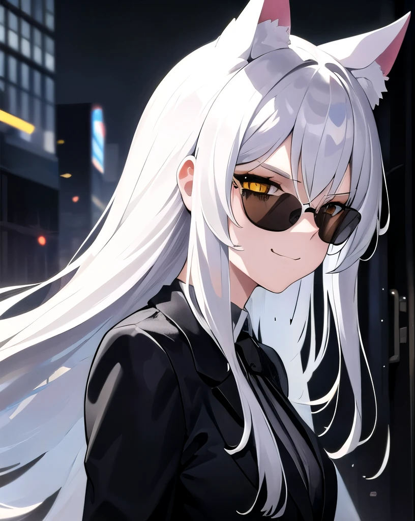 masterpiece, best quality, 1girl,black Suit, upper body, from side, science fiction, yellow eyes, long smooth hair, silver hair, cat ears, looking at viewer, smirking,alley way,sunglasses, smoking cigarette
