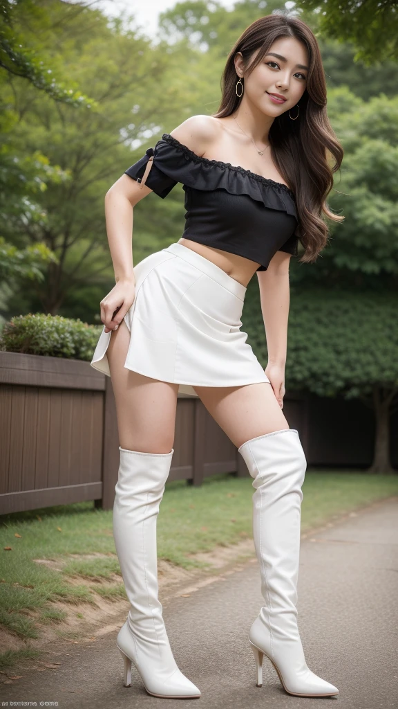 （Brown layered wavy hair）,Heavy makeup、(18 year old,two females,Japanese):1.2、8K, Seductive smile,tall：1.4、a small face、Nikon Z 85mm, ((Best Quality)) ,((masterpiece)), intricate detailes, Professional, Realistic, Photorealistic、 ((Strapless,Baretop midriff,Sexy mini skirt))：1.2、（Walking in the park）:1.2, large earring、（White Stretch knee boots with high stiletto heels、Pointed toe）：1.2、Full body shot