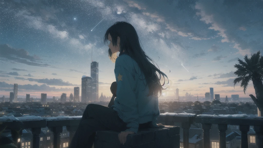 octans, sky, star (sky), scenery, parakeet,starry sky, night, 1girl, night sky, solo, outdoors, parakeet,building, cloud, milky way, sitting, tree, long hair, city, silhouette, cityscape
