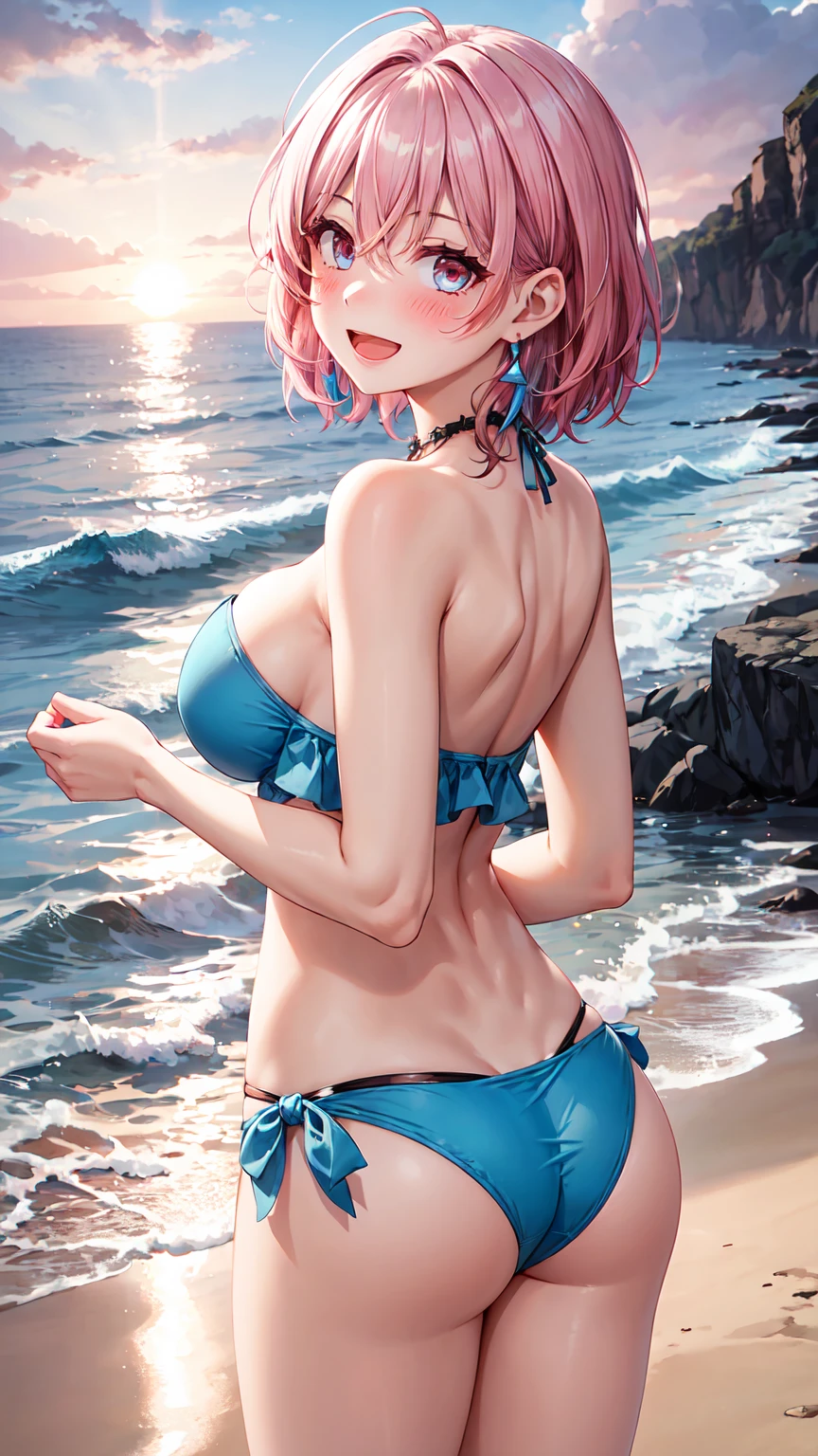 Masterpiece ,best quality , high resolution , (1 girl solo:1.38) , (big earrings、necklace、sharp eyes、pink hair , short hair , blie eyes , tall, slim body) , (wear bikini , strapless , head tilt) , (cleavage:1.0) , (big breast:0.8) , (outdoor , sunset , dusk , on neach , sea , ocean , romance light) , (standing cowboy shot) , ( full face blush , shy , smile , open mouth) , (back view , from nehind , head back , looking view)