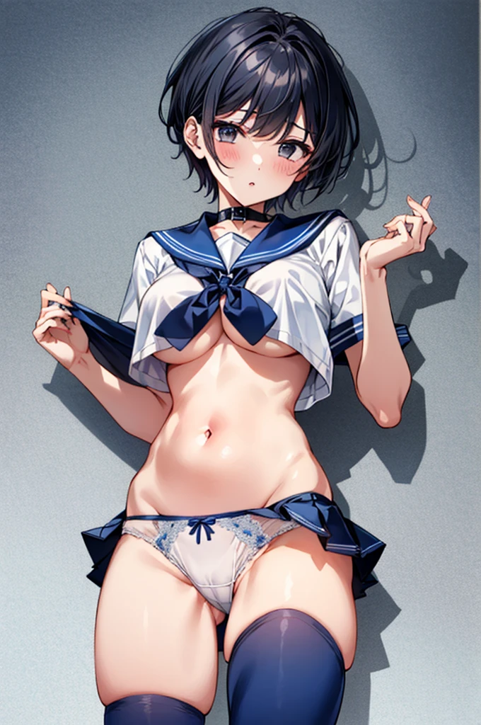 NSFW、(White mesh panties、Dark blue pleated skirt Dark blue、Sailor suit summer uniform、Dark blue micro mini skirt dark blue、White short-sleeved shirt、Dark blue tie dark blue、Navy blue collar fabric Navy blue、White Short Socks)、Toned body、Big Breasts、belly button、Bare thighs、White panties、(Black Hair、Very Short Hair、boyishカット)、Women's High生、boyish、Big Breasts、Women's High、classroom、独奏