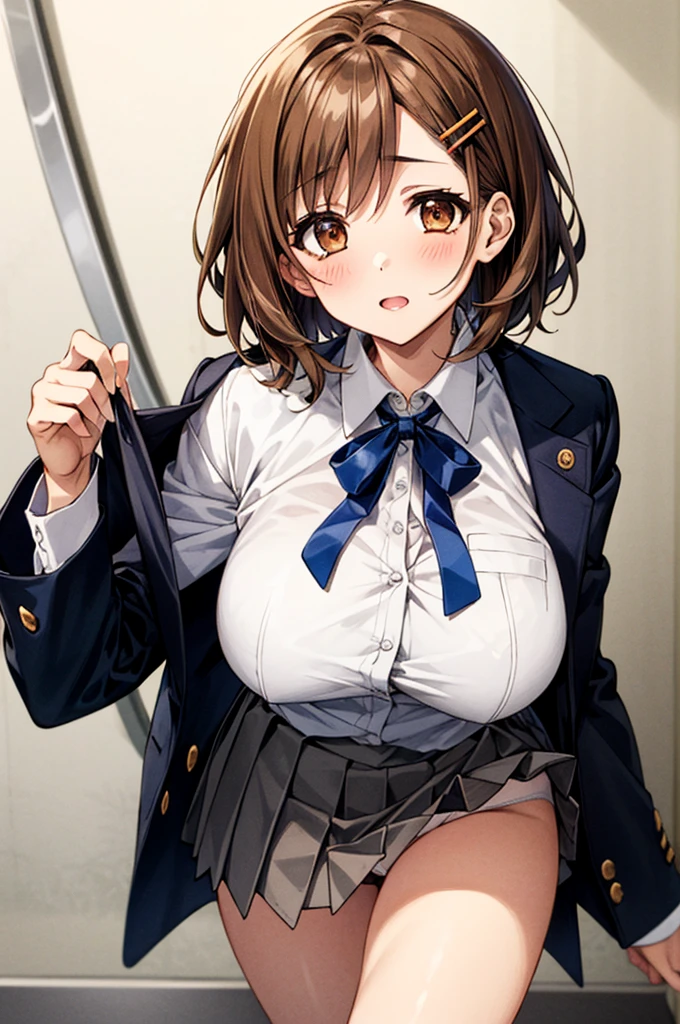 NSFW、Toned body、Big Breasts、Bare thighs、White panties、(uniform、Dark blue blazer、Light blue ribbon、White shirt、Collared shirt、Grey Micro Mini Skirt Grey、Grey Pleated Skirt Grey)、(short hair、Brown Hair、Barrette、hair ornaments)、(Brown eyes:1.5)、(yuihirasawa、yui hirasawa、Yui Hirasawa)、Big Breasts、Women's High、classroom、独奏