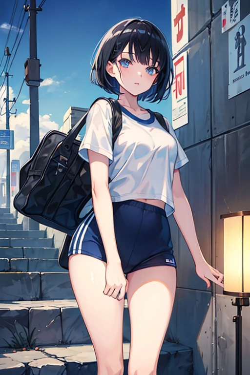 ((Highest quality)), ((masterpiece)), (Familiar), Illustration Style,Perfect Face,1 Girl,Black Hair,Short Hair,Glowing Skin,big, Bright Blue Eyes,Beautiful Bangs,Small breasts,Super Beauty,woman,,Sportswear,Beautiful clothes,evening