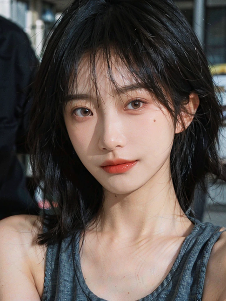 (Skin details:1.4), (smooth skin textures:1.3), (Upper body:1.4),(Upper Body:1.3)Lipstick, background, earrings, serene, calm, Suspenders,(Realistic and detailed eyes:1.2), Natural skin texture, Realistic facial details, Soft dramatic lighting, Vivid details, 35 mm film, outdoor, (Photo Practical:1.4), (hyper Practical:1.4), (Practical:1.3), (Smoother lighting:1.05), (Improve lighting quality:0.9), (Highest quality real skin textures:1.4), Exquisite eyes, Delicate face, Close-up of face, (Enhance the beauty of skin texture:1.1), Hair details,(Large Breasts:1.3)normal body ratio, short hair, Moles under the eyes, A faint smile,Portrait Photography, Depth of Field, Bokeh, Surrealism, Ray Tracing, (Portrait Photography:1.1), Surrealism, High Detail, Chiaroscuro, Ray Tracing, reflected light, Ultra HD, Ultra HD, masterpiece, Textured Skin, Super Detail, High Detail, high quality, best quality