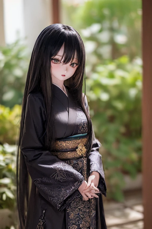 (SFW:2), photorealistic, realistic photo, ((highest quality)), ((masterpiece)), ((extremely detailed)), kukolnydom, doll, (mature woman, 20yo, 20 years old:1.6), solo, ((cowboy shot, standing
, skinny, slender, slim, furisode, obi, hair ornament)), green eyes, parted lips, (black hair, long hair, looking down, blank eyes, empty eyes, detailed eyes, detailed clothes:1.3), Japanese garden, 8k