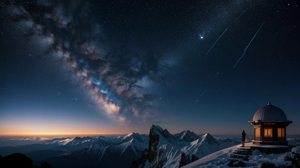 "Inside an observatory atop a mountain peak, a telescope points towards a comet streaking across the night sky. Around the observatory, shelves are lined with manuscripts and star charts detailing ancient civilizations' interpretations of cosmic events. The comet's tail forms intricate patterns resembling ancient glyphs, suggesting a connection between celestial phenomena and humanity's eternal quest for meaning and understanding beyond mortal existence."