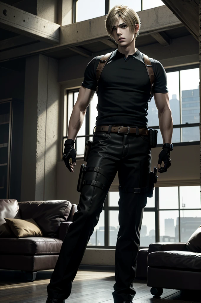 ((ultra detailed, masterpiece, best quality))
 RE4Leon, 1boy, solo, blonde hair, In an upscale loft with industrial aesthetics, sharp business attire with black gloves, large windows with city views, standing near a leather couch with a confident look