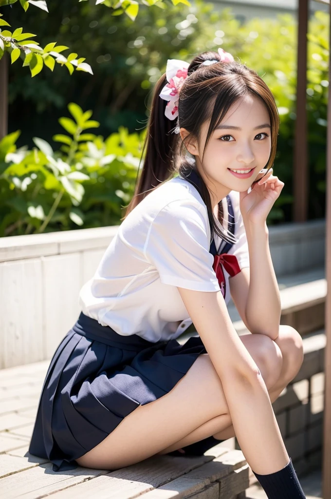 Pure Japanese school girl, sweet temptation, outstanding body, beautiful legs, wearing uniform, panty, ponytail, sweet smile, sitting, refreshing in early summer, composition from the front,