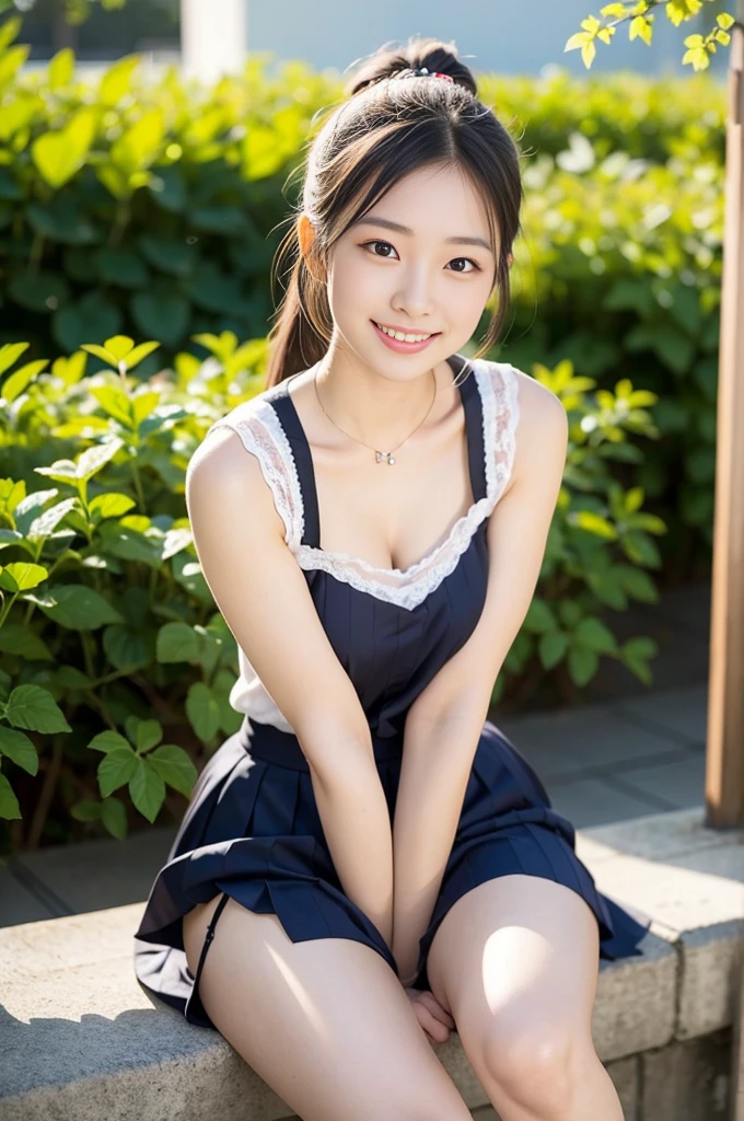 Pure Japanese young maid girl, wearing traditional British maid dress and accessories, stockings, high heels, vivid makeup, natural black hair styles, sitting and relaxing, sexual attractive, sweet smile, professional portrait photography, summer morning light, 