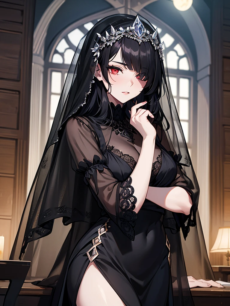 (Super detailed:1.3), ((((best quality)))), ((masterpiece)), female focus, solo,hotify, stunning beauty, powerful glow, detailed face, detailed eyes, detailed lips,castle interior background,(nighttime),moonlight,((black hair)),long hair, black mourning dress,((mourning veil)),red eyes, (pale skin:1.2),melancholic expression,straight bangs,bangs covering forehead,almond-shaped eyes,very cute face,cowboy shot, (hair over one eye),sheer sleeves,2 arms