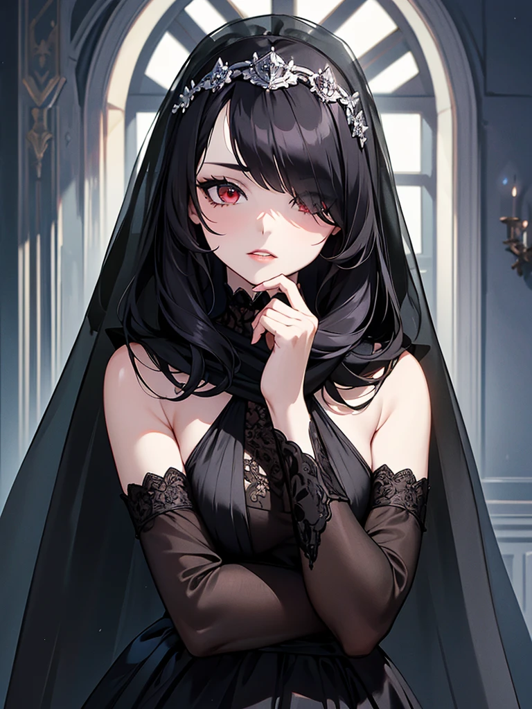 (Super detailed:1.3), ((((best quality)))), ((masterpiece)), female focus, solo,hotify, stunning beauty, powerful glow, detailed face, detailed eyes, detailed lips,castle interior background,(nighttime),moonlight,((black hair)),long hair, black mourning dress,((mourning veil)),red eyes, (pale skin:1.2),melancholic expression,straight bangs,bangs covering forehead,almond-shaped eyes,very cute face,cowboy shot, (hair over one eye),sheer sleeves,2 arms