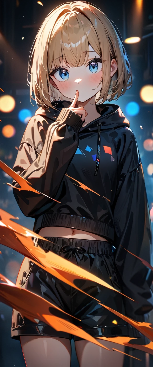 (((One girl))), blond hair, bob cut, breasts, from front, (cowboy shot), (looking at viewer), ((black shorts)), ((black cropped hoodie)), puffy sleeves, index finger to own mouth, arm at side, face in focus, ager, head tilt:1.3, (((blue eye))), ((no mouth)), ((sleeves past wrists)), anime style, (best quality, 4k, 8k, highres, masterpiece:1.2, ultra-detailed, ultra-detailed eyes, HDR, UHD, studio lighting, ultra-fine painting, sharp focus, physically-based rendering, extreme detail description, professional, vivid colors, bokeh)