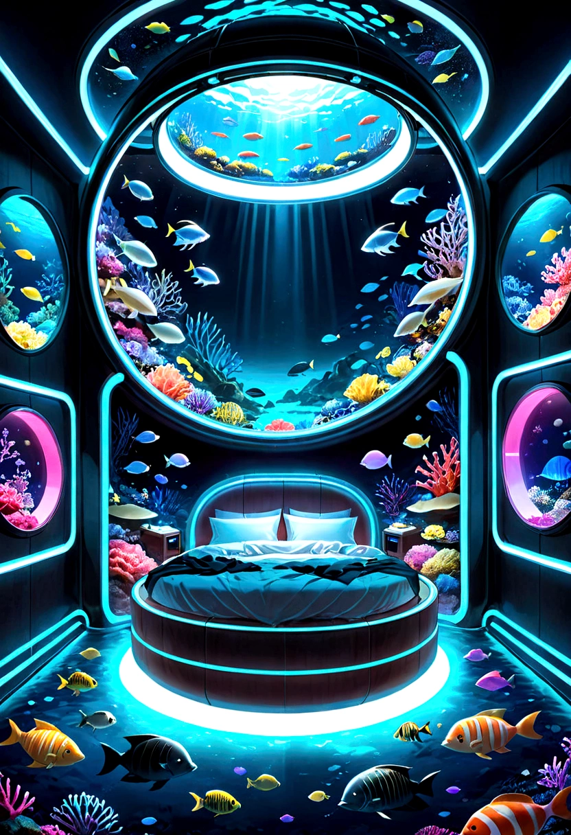 In the sea、Floating on the seabed、A beautiful world of neon lights。A round capsule is floating in the middle of it.。Inside the capsule、There is a bed that emits neon lights.。