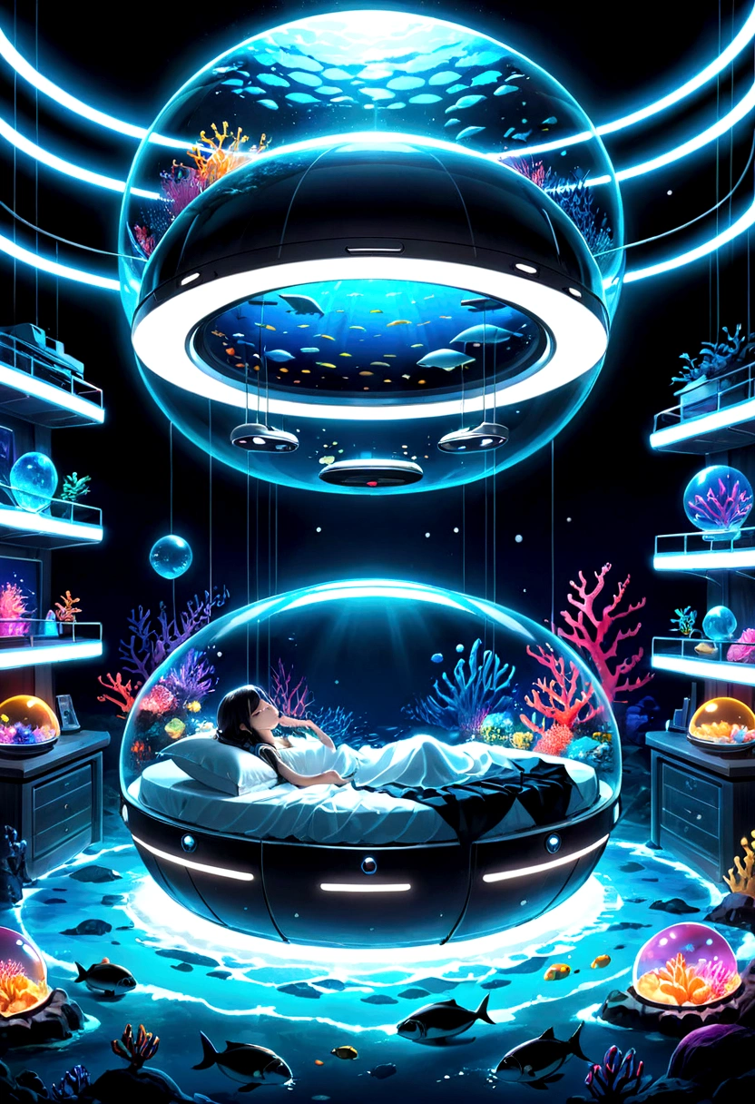 Floating on the seabed、A beautiful world of neon lights。In the midst of all this、Round capsules floating。Inside the capsule、There is a bed that emits neon lights.。On top of the ped、There is a person lying down comfortably.。In the sea、Surrounded by the glow of neon lights、A comfortable bed for a good night's sleep。Create this dreamlike world