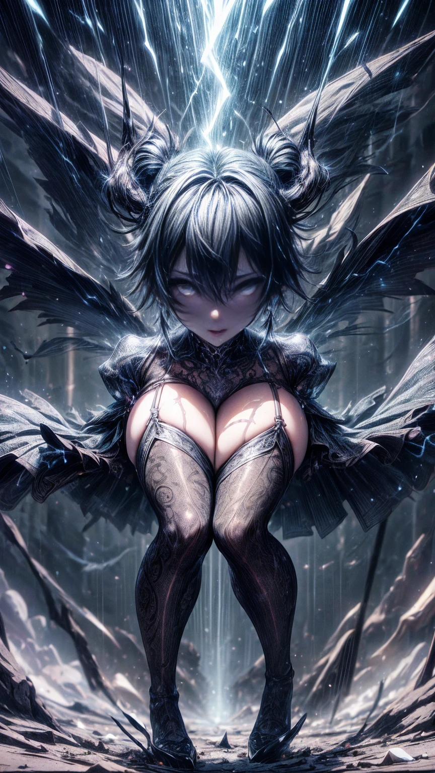 straddling, Wind, Full body portrait, bokeh, ((absurdres)) demonic succubus, electrical discharges, lightning from her hands, ((perfect whole body)), action pose, combat stance, ((ultra photorealistic)), Top quality, ((Photorealistic)), ((16k UHD)), High Definition, Unity 8K wallpaper, high res, ultra sharp, ((masterpiece)), best quality, ((intricate details)), busty, curvy hips, sheer lowleg panties (((detailed eyes))), (((perfect face))) (((detailed face))), masterpiece, combat stance with legs spread wide apart, highly detailed exquisite character art, melancholy lighting, (((perfectly detailed anatomy))) (((cinematic light))), ultra-realistic, (((1female))), shaved long white mohawk ,black skin, black complexion, blue eyes, gothic outfit, tattoo's, busty, see-through mesh panties, torn stockings, straddling over the viewer, legs spread wide open, black lips, hoop earrings, superpowers, weather witch, commanding the weather, wind, hail, lightning, clouds, avalanche, rain, thunder, flying, plump lips,