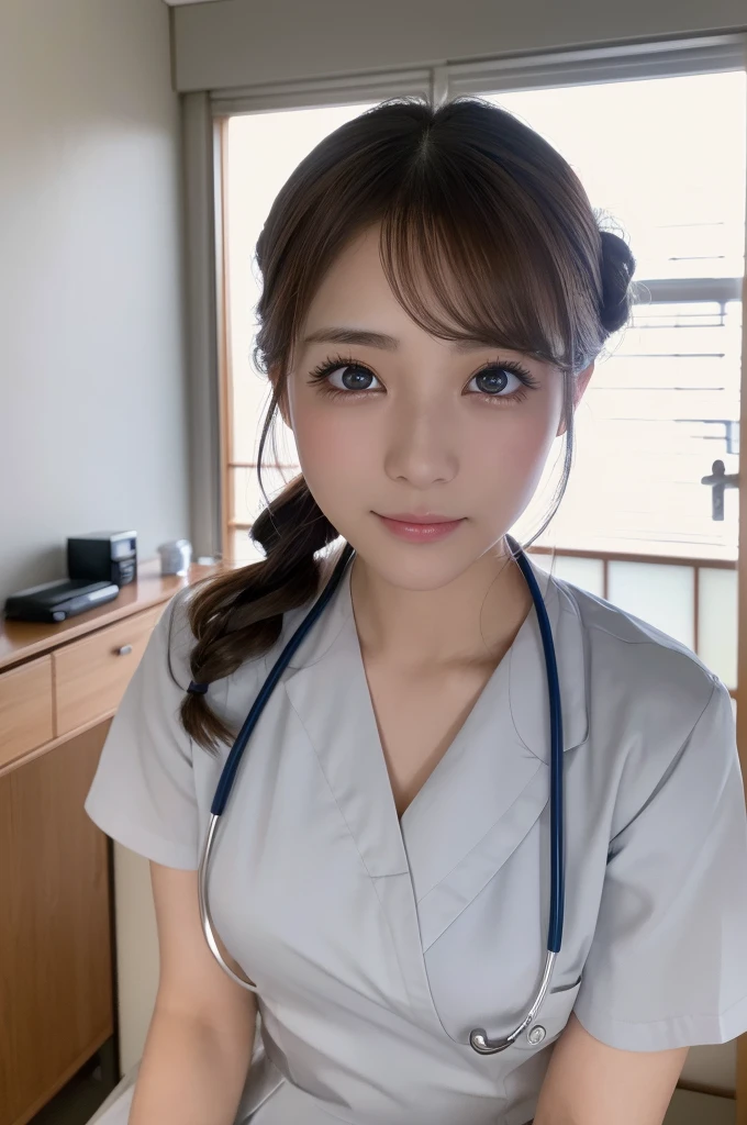 (1 Girl )、(Beautiful Japanese、30years old,round face、Refreshing、clear、seems kind、stylish、Pitiful、cute like an angel、cute、black eyes、(Single eyelid:1.3)、Beautiful skin), {(Japan human face:1.4),(General facial features)} , (((Beautiful breasts:0.4))),(((soft breasts))),(very cute),(updo, hair tendrils,brown hair,),(enchanting eyes),(highlight on eyes:1.2)、(8K、Live shooting、highest quality、masterpiece:1.2、optimal lighting)、((masterpiece)),(Photo taken by a professional photographer),(real、photo real:1.4),BREAK,{ (White nurse costume),(((taraditional nurse uniform))),,{(White nurse tight skirt)}},( smile),(tears:1.4)) break, hospital,Face shot:1.0、 face close-up,,(((1970s vibe)))、Hospital ,dynamic angle,,sitting,