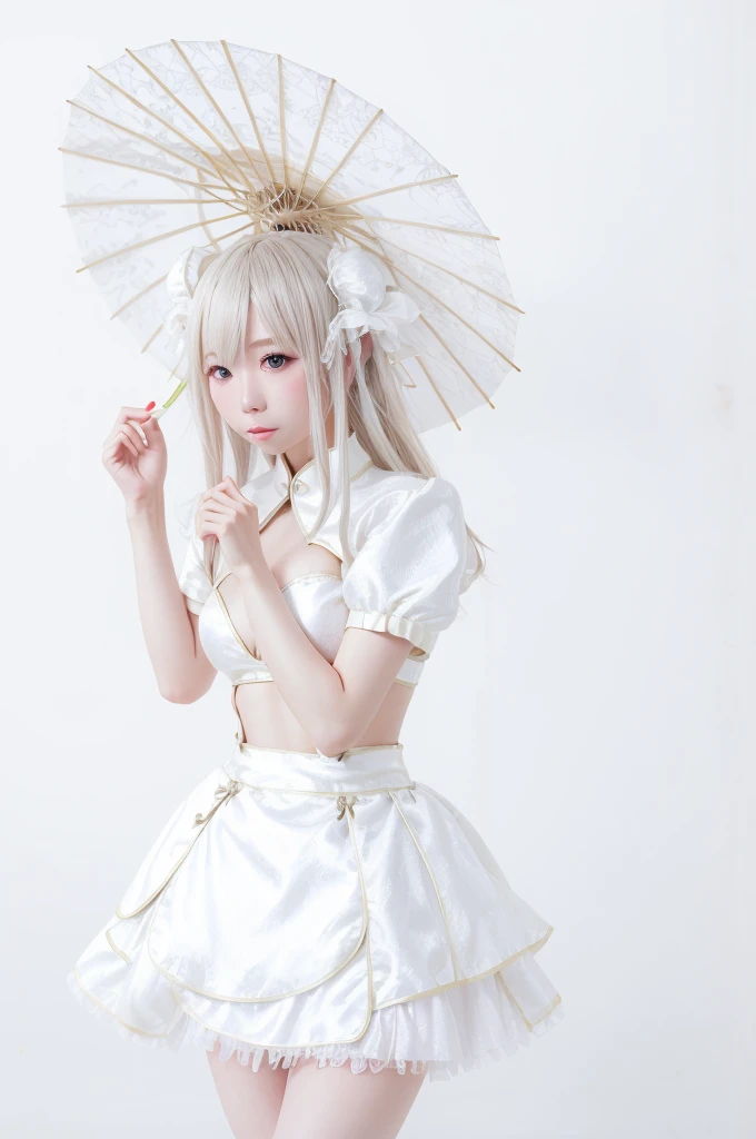 1girl, solo, long hair, looking at viewer, bangs, skirt, white hair, hair ornament, holding, short sleeves, Purple skirt, umbrella, holding umbrella
,