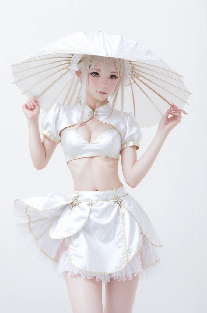 1girl, solo, long hair, looking at viewer, bangs, skirt, white hair, hair ornament, holding, short sleeves, Purple skirt, umbrella, holding umbrella
,