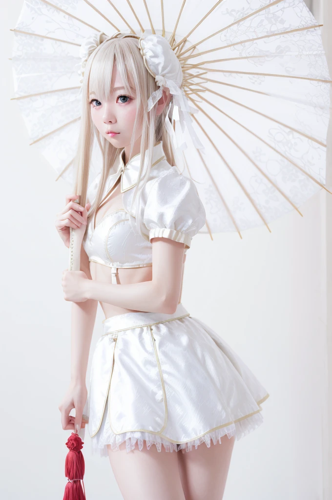 1girl, solo, long hair, looking at viewer, bangs, skirt, white hair, hair ornament, holding, short sleeves, Purple skirt, umbrella, holding umbrella
,