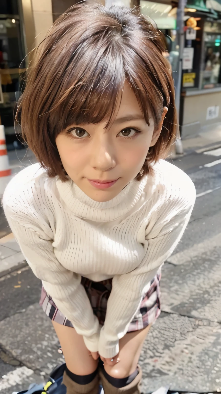 (Walking along Tokyo Street、Standing on a street corner)、(Black tight turtleneck dress:1.4、Tight mini dress:1.3、Bodycon、(Black Stockings:1.2、Wearing pantyhose that reach above the knees)、(the visible part of someone's thighs between their skirt or shorts and their knee-high socks:1.34、Absolute area))、(Realistic、Like a photograph、Live Action、8K, Photorealistic, RAW Photos, Best image quality: 1.4), Single-lens reflex camera、RAW Photos, Highest quality, Realistic, Highly detailed CG Unity 8K wallpaper, Written boundary depth, Cinematic Light, Lens flare, Ray Tracing, Realistic background、((Ultra-dense skin))、 1 female,Cute busty Japanese woman、(Japanese office lady walking down Tokyo street at night)、((whole body:1.5),Look away:1.1、Short Bob Style:1.2、I like that style、Stylish、Very detailed、Pay attention to the details、The perfect outfit、(White skin)、Beautiful legs:1.1,View from below、Accurate hands、Accurate legs、Detailed hand and fingers、Anatomically correct body