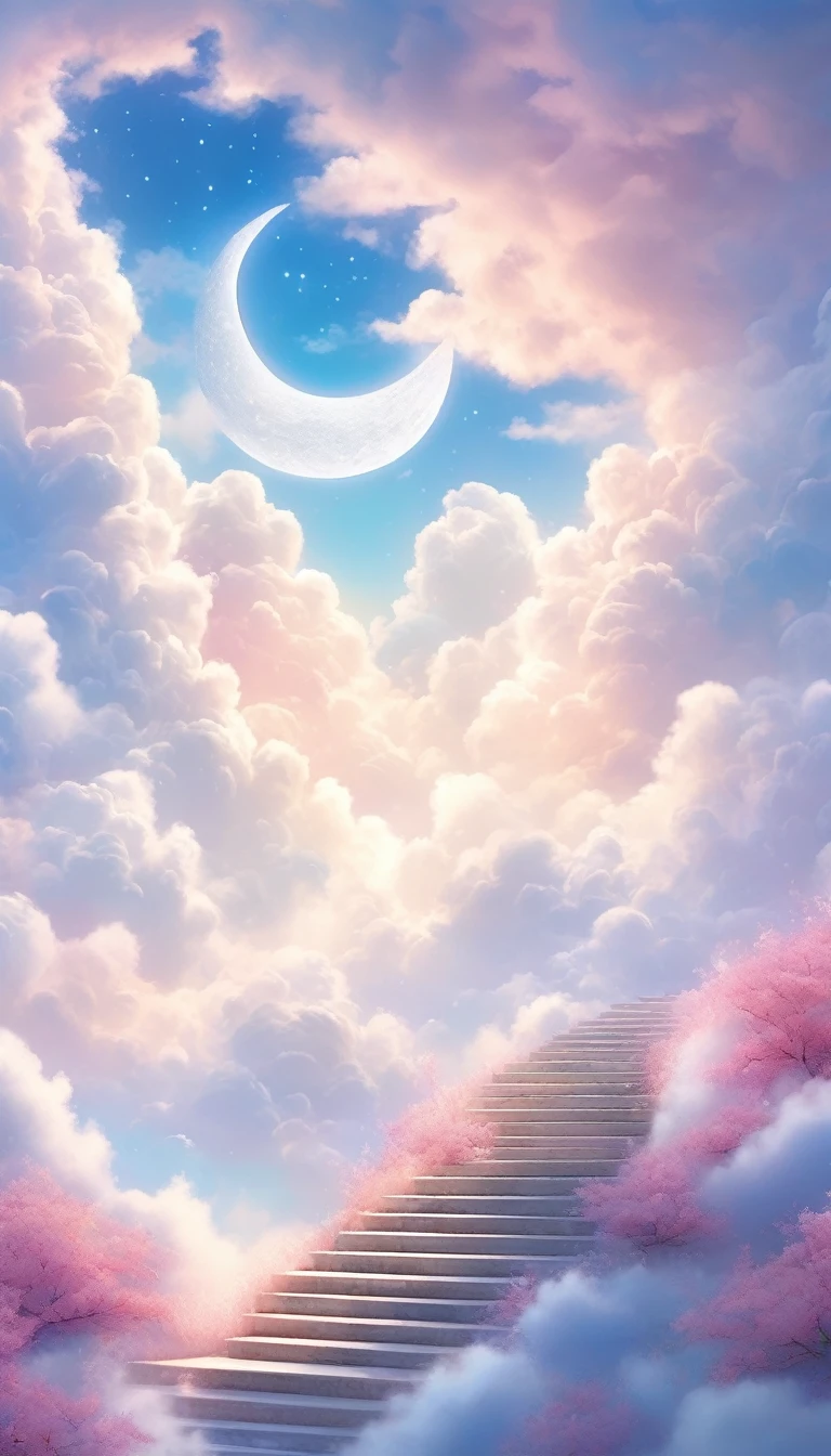painting，A beautiful ethereal landscape, a long white cloud staircase leading to a door in a quiet blue sky, fluffy soft white clouds,Crescent Moon， like a dream, fantastic, (best quality, 4K,8K, high resolution, Masterpiece :1.2), very detailed, (practical, photoppractical, Photo practical :1.37), landscape, fantasy, Dramatic lighting, bright colors, quiet, calming, calming, ethereal atmosphere