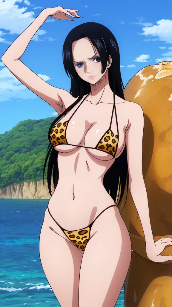 (masterpiece, 4K, Highest quality, anime style: 1.9, Detailed face, Lovely, Ocean,bold, High resolution, anime, Lake 4. alone, Curvaceous, Thighs, Cleavage, Medium Chest,  Very slim belly, Cowboy Shot,Leopard print micro bikini,1 Girl、one piece,Boa Hancock,Black Hair,whole body,((Naked in a swimsuit)),blue sky,View your viewers,Hall々A serious expression,Clear eyes,whole body