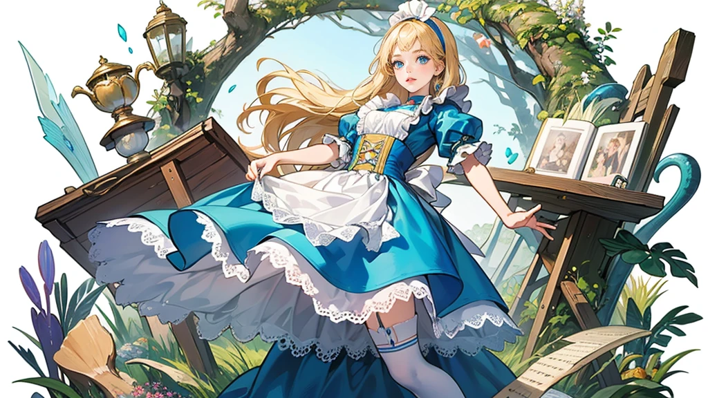 masterpiece, Highest quality, Portraiture, 1 Girl, (Alice in Wonderland:1.2), Blue clothes, White apron, Blonde, blue eyes, Usagi, Trump, Tea cup, White lace thigh high socks, Miniskirt lift, Half Body, Dynamic pose