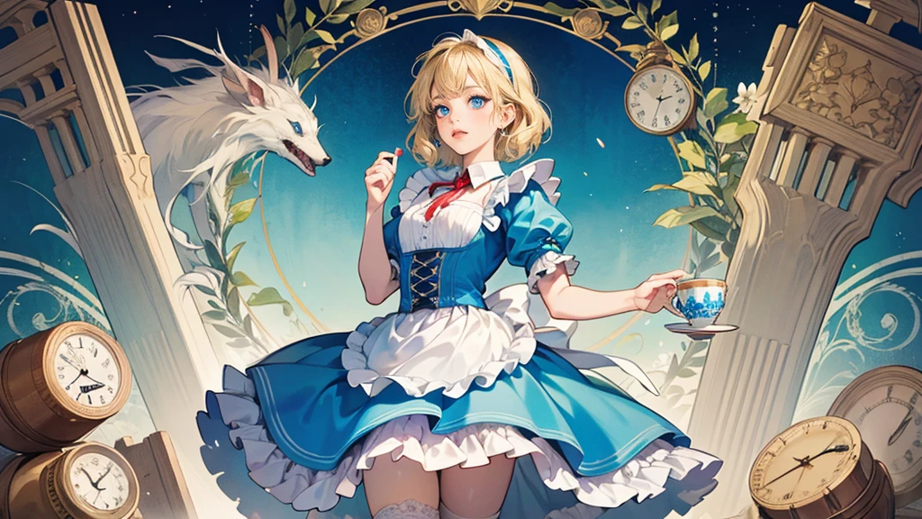 masterpiece, Highest quality, Portraiture, 1 Girl, (Alice in Wonderland:1.2), Blue clothes, White apron, Blonde, blue eyes, Usagi, Trump, Tea cup, White lace thigh high socks, Miniskirt lift, Half Body, Dynamic pose