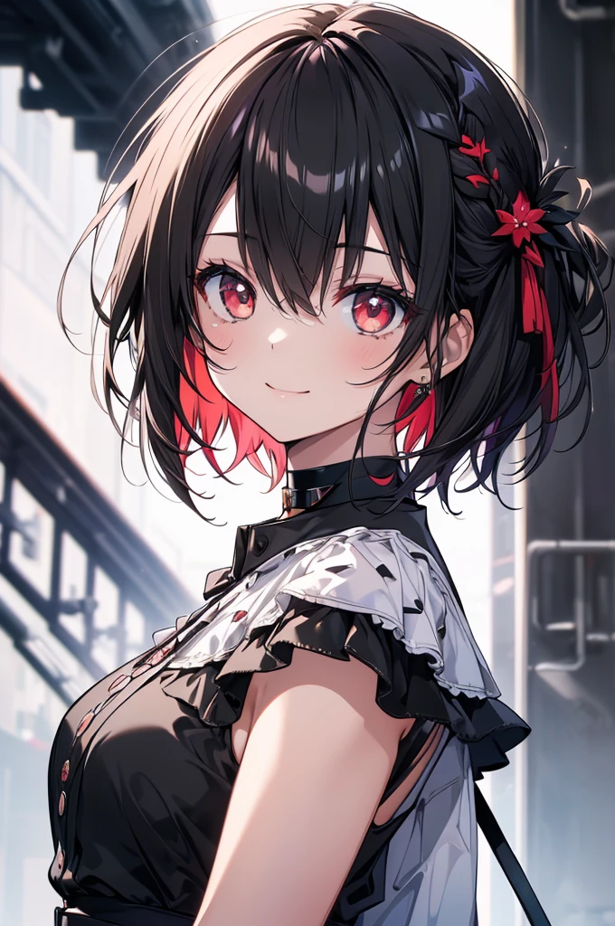 (masterpiece, highest quality, highest quality, (No text), Beautiful and aesthetic:1.2),No text,アニメ、BREAK,One Girl,Black Hair Girl short hair older sister choker Tree Eyes Beautiful eyes Red eyes cool smile Red and Black Black jacket mini skirt whole body In town