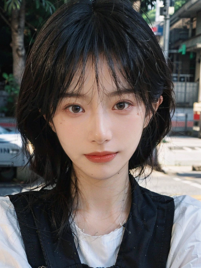 (Skin details:1.4), (smooth skin textures:1.3), （Upper body：1.4），（Upper Body：1.3）Lipstick, background, earrings, serene, calm, Suspenders，(Realistic and detailed eyes：1.2）, Natural skin texture, Realistic facial details, Soft dramatic lighting, Vivid details, 35 mm film, outdoor, (Photo Practical:1.4), (hyper Practical:1.4), (Practical:1.3), (Smoother lighting:1.05), (Improve lighting quality:0.9), (Highest quality real skin textures:1.4), Exquisite eyes, Delicate face, Close-up of face, (Enhance the beauty of skin texture:1.1), Hair details,（Large Breasts：1.3）normal body ratio, short hair, Moles under the eyes, A faint smile,Portrait Photography, Depth of Field, Bokeh, Surrealism, Ray Tracing, (Portrait Photography:1.1), Surrealism, High Detail, Chiaroscuro, Ray Tracing, reflected light, Ultra HD, Ultra HD, masterpiece, Textured Skin, Super Detail, High Detail, high quality, best quality