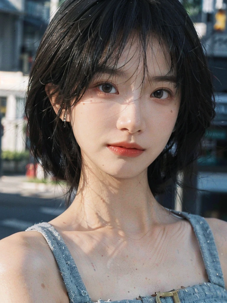 (Skin details:1.4), (smooth skin textures:1.3), （Upper body：1.4），（Upper Body：1.3）Lipstick, background, earrings, serene, calm, Suspenders，(Realistic and detailed eyes：1.2）, Natural skin texture, Realistic facial details, Soft dramatic lighting, Vivid details, 35 mm film, outdoor, (Photo Practical:1.4), (hyper Practical:1.4), (Practical:1.3), (Smoother lighting:1.05), (Improve lighting quality:0.9), (Highest quality real skin textures:1.4), Exquisite eyes, Delicate face, Close-up of face, (Enhance the beauty of skin texture:1.1), Hair details,（Large Breasts：1.3）normal body ratio, short hair, Moles under the eyes, A faint smile,Portrait Photography, Depth of Field, Bokeh, Surrealism, Ray Tracing, (Portrait Photography:1.1), Surrealism, High Detail, Chiaroscuro, Ray Tracing, reflected light, Ultra HD, Ultra HD, masterpiece, Textured Skin, Super Detail, High Detail, high quality, best quality