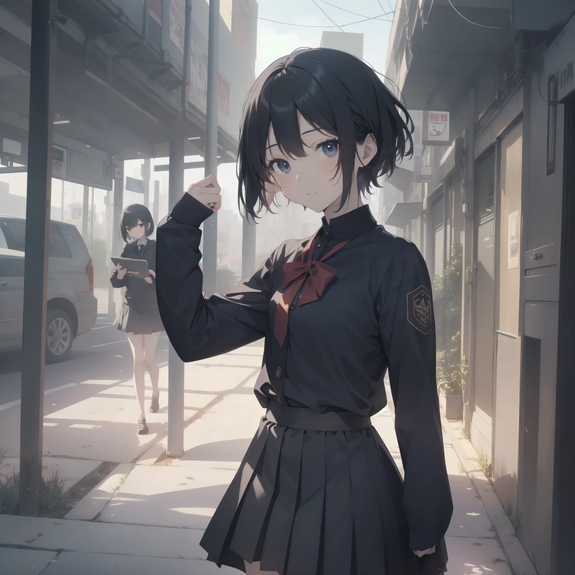 ultra-absurdres-Top quality by artist God, ultra-detailed, high resolution, anime moe artstyle, best anime 8k konachan wallpaper, pixiv contest winner, pool:2810, perfect anatomy,break, 1girl, (Please draw a girl walking sleepily to school alone. )break,(Solo,little female, 13-year-old:1.3),Full limbs, complete fingers,a junior high school student, (very short hair), short cut, flat chest, , small butt, small black eyes, beautiful detailed eyes, well-proportioned iris and pupils, expressive eyes, highres detailed hair, soft expression, salor school_uniform, sailor collar, serahuku, bow, pleated skirt,(Detailed Lighting), (Detailed background), in the School commute route. break,super detailed skin, Best cinematic lighting powered by famous artist, 8k,beauty illustration,photoshop_(medium),very aesthetic,break,((artist:toosaka_asagi )), artist:clamp ,artist:carnelian ,artist:kantoku ,