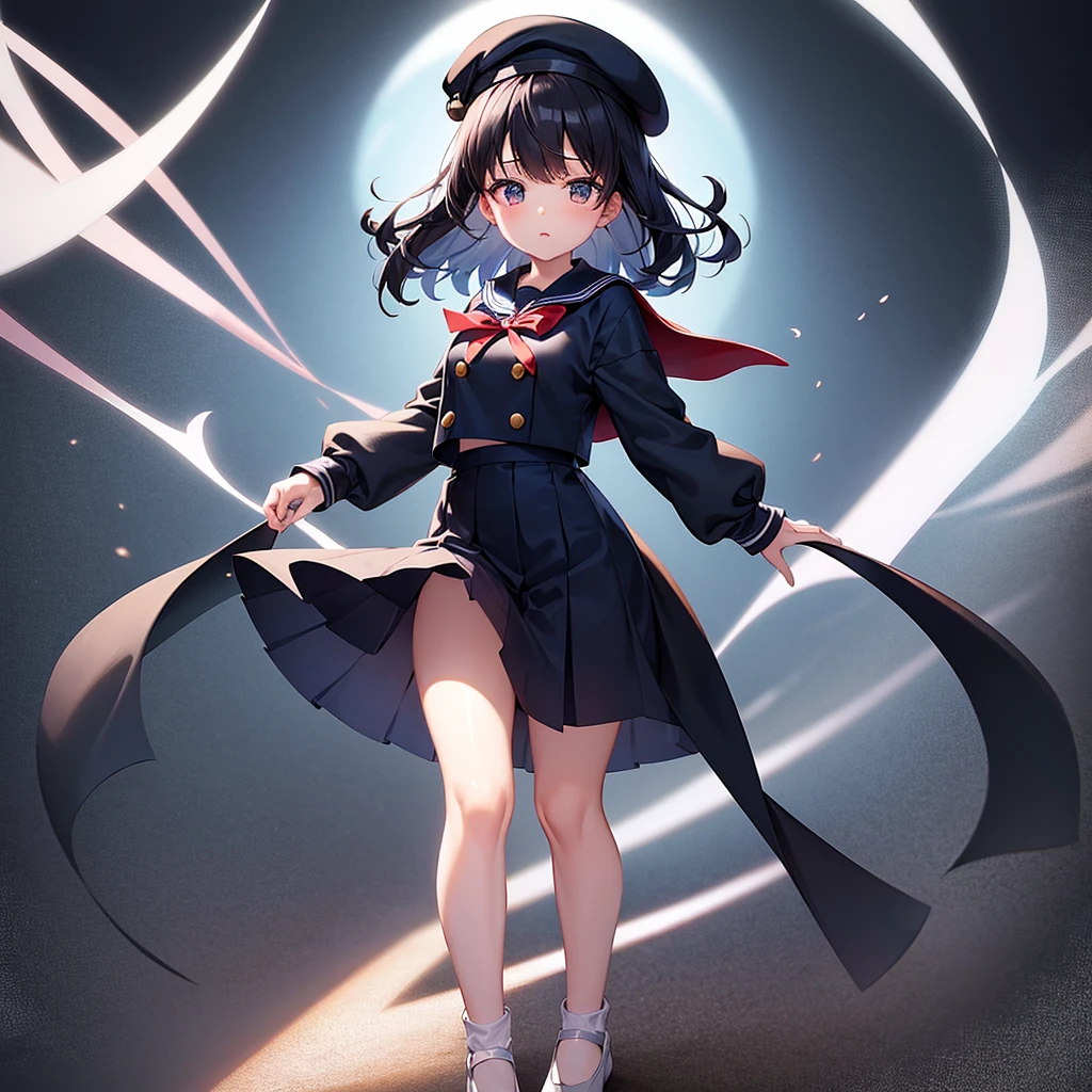 (Sailor suit),(((Navy Mini Skirt))),beret,,Cute little ,Tiny , girl,,Childish face, Very fine clean face,Top quality, Big eyes,Straight Hair,Yellow hair,Crimson Eye,(Dark Room), Subtle light, Natural light,Soft lighting,Light from directly behind, (Are standing), Cute pose, (Open your hands), Showing the whole body,Front view,Black background