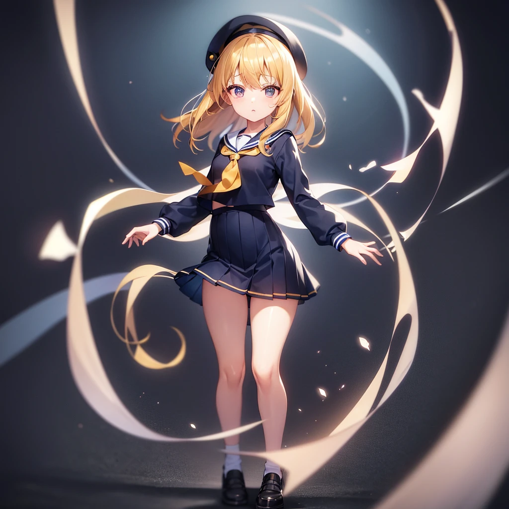 (Sailor suit),(((Navy Mini Skirt))),beret,,Cute little ,Tiny ,Small girl,,Childish face, Very fine clean face,Top quality, Big eyes,Straight Hair,Yellow hair,Crimson Eye,(Dark Room), Subtle light, Natural light,Soft lighting,Light from directly behind, (Are standing), Cute pose, (Open your hands), Showing the whole body,Front view,Black background