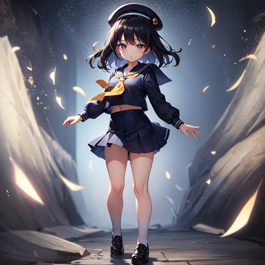 (Sailor suit),(((Navy Mini Skirt))),beret,,Cute little ,Tiny ,Small girl,,Childish face, Very fine clean face,Top quality, Big eyes,Straight Hair,Yellow hair,Crimson Eye,(Dark Room), Subtle light, Natural light,Soft lighting,Light from directly behind, (Are standing), Cute pose, (Open your hands), Showing the whole body,Front view,Black background
