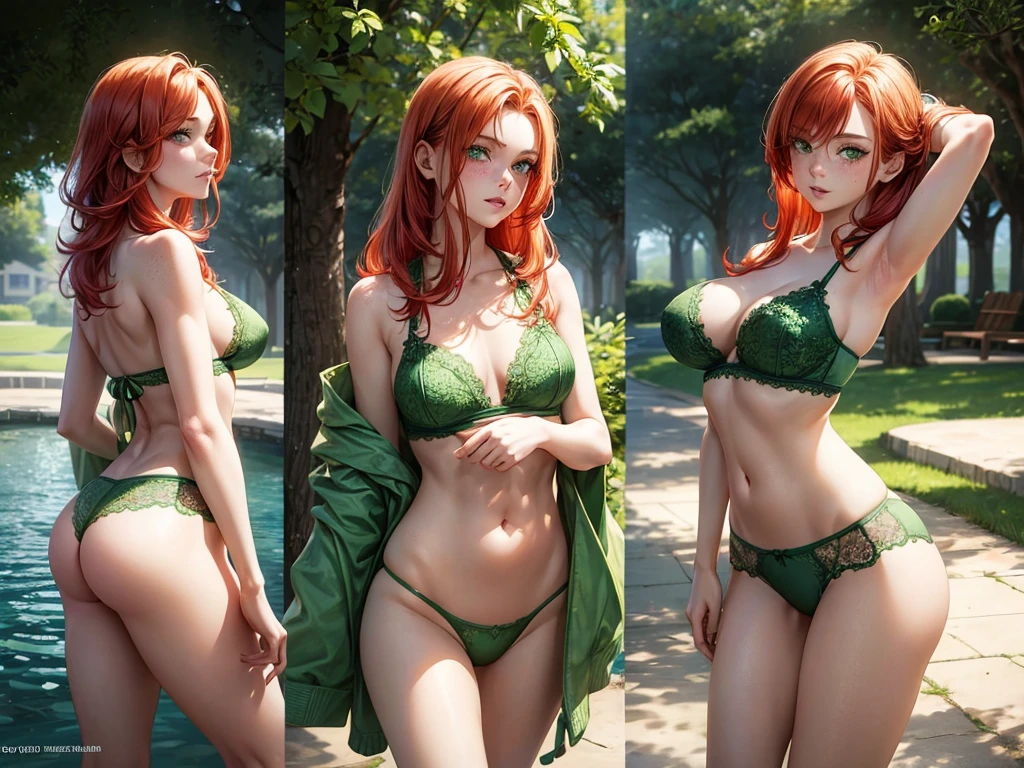 young girl in green lace , she is a redhead with green eyes and a few freckles on her cheekbones., she is very fine, her chest is very thin, she has pretty hips and bare shoulders, she poses confidently, well arched back