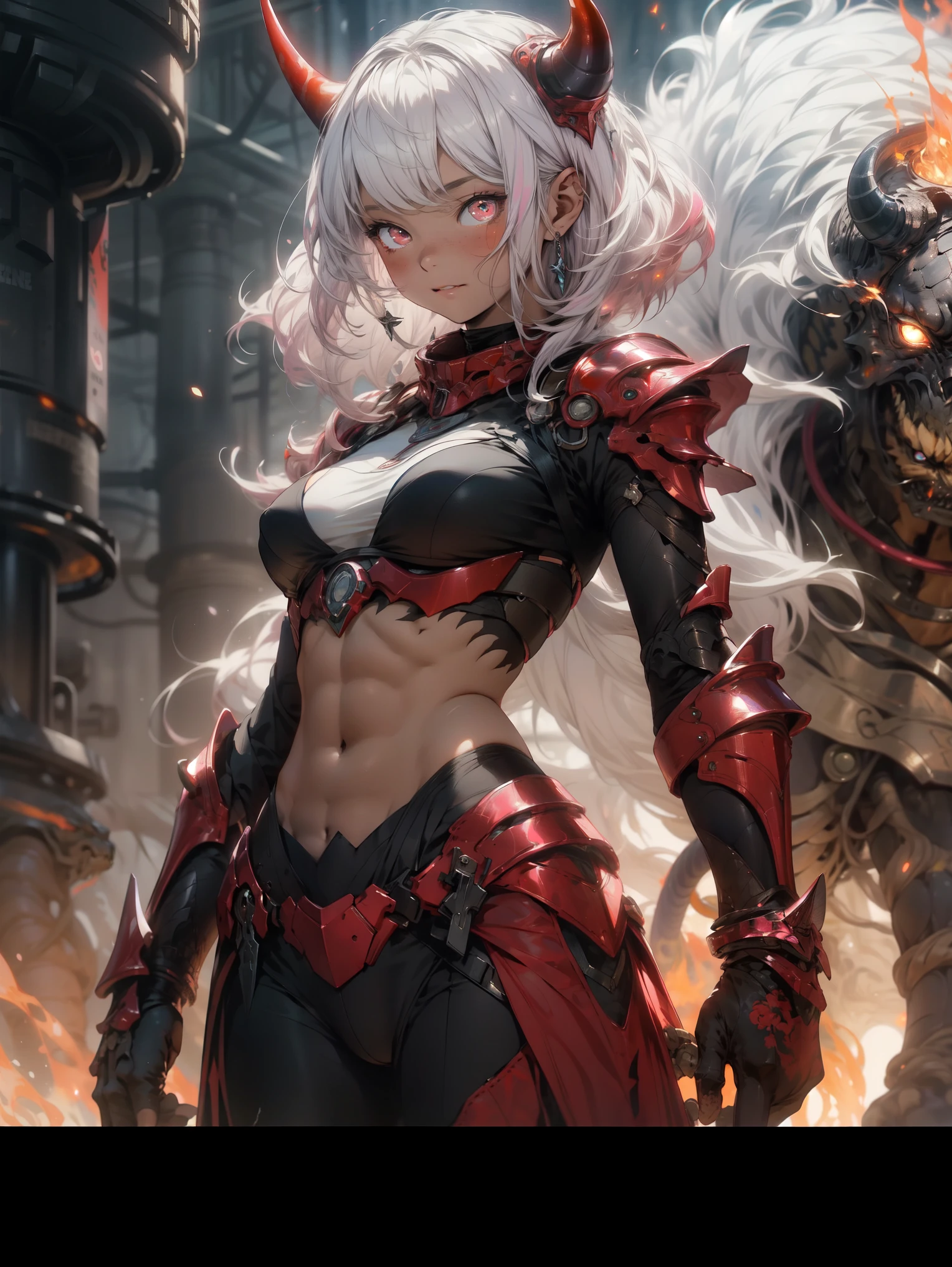 Be realistic,(masterpiece,highest quality,highest quality,very detailed,Fractal Art,Most detailed,(flower field background:1.5)(1 girl),Kamimei,(pink hair two tails),(Red eyes glow、big 、Toned abs,Stunned),Abyssal stock、Crystallization,Bikini、sexly、Pink Machine Armor、sunburned skin、Demon Horn、Berserk , (Burning white flame:1.4)